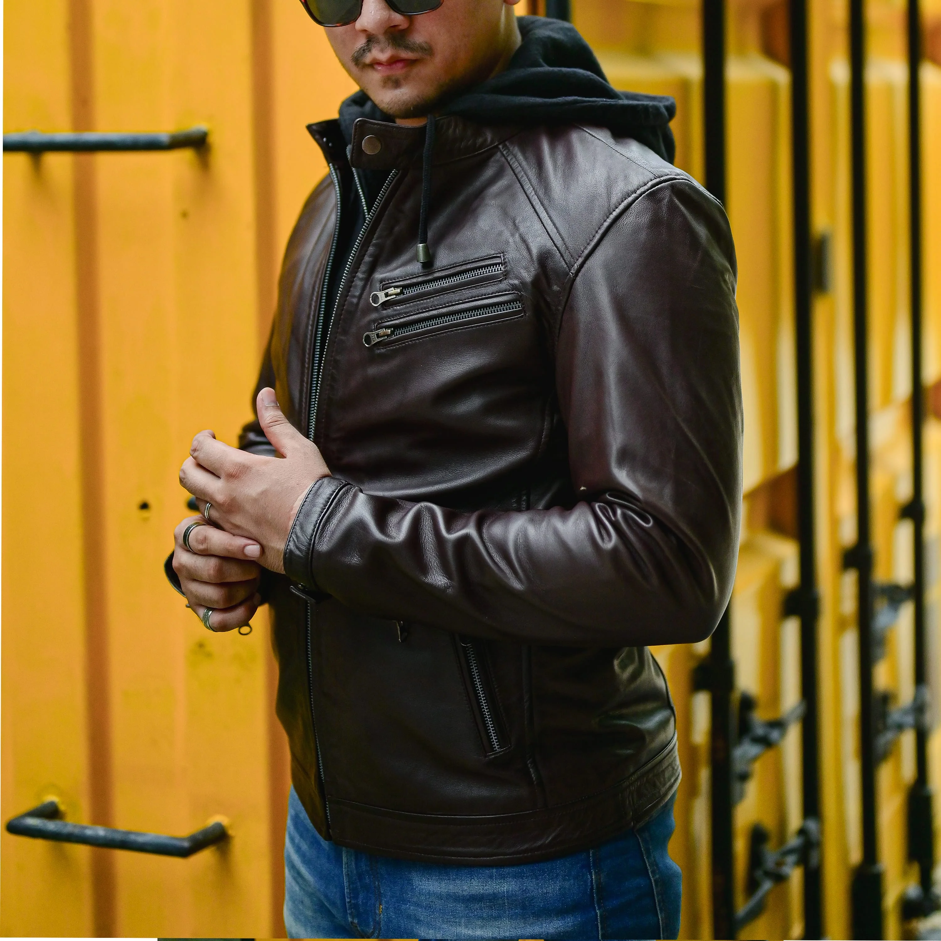 Mens Black Casual Hooded Vintage Leather Jacket with Removable Hood